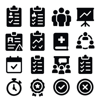 Post-drill review and debrief icons in silhouette solid black-filled shapes with clean, simple : drill feedback form, emergency response checklist, team debrief icon, drill result chart,
