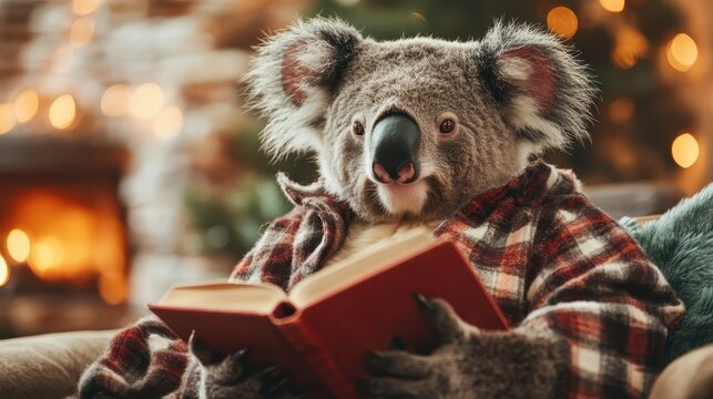 An adorable koala snuggled in a plaid blanket, immersed in a book, radiates warmth and coziness, creating a heartwarming atmosphere perfect for relaxation.