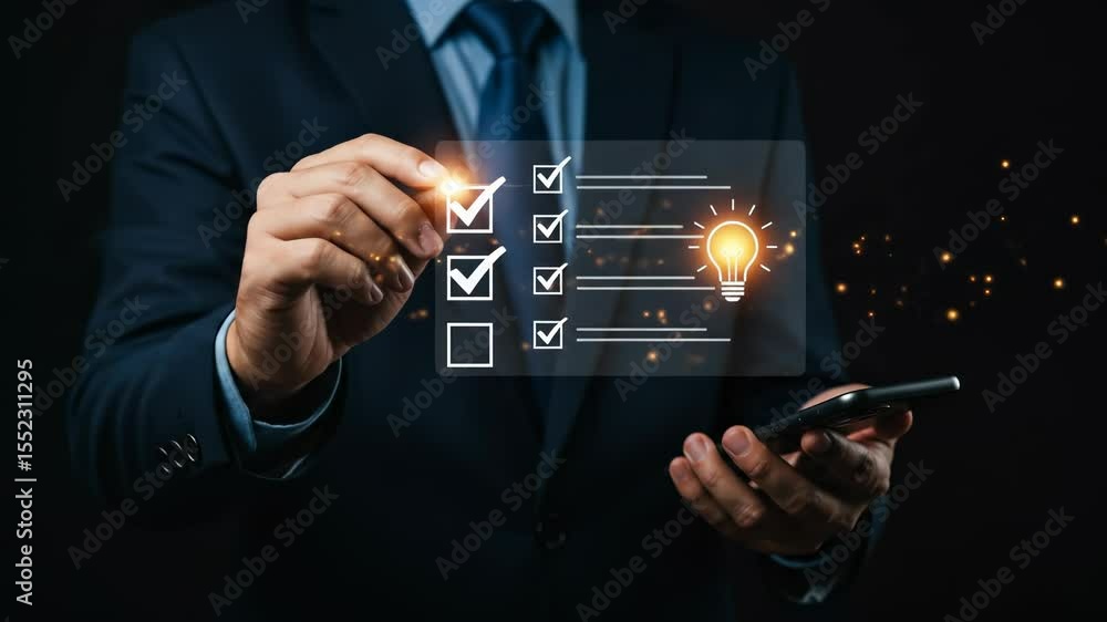 Poster digital checklist: businessman checking tasks & idea generation with virtual lightbulb | business pr