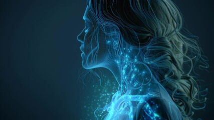 Luminous particles streaming through female body during deep breathing, revealing intricate energy networks and biological connections in mesmerizing digital visualization of internal wellness - Powered by Adobe