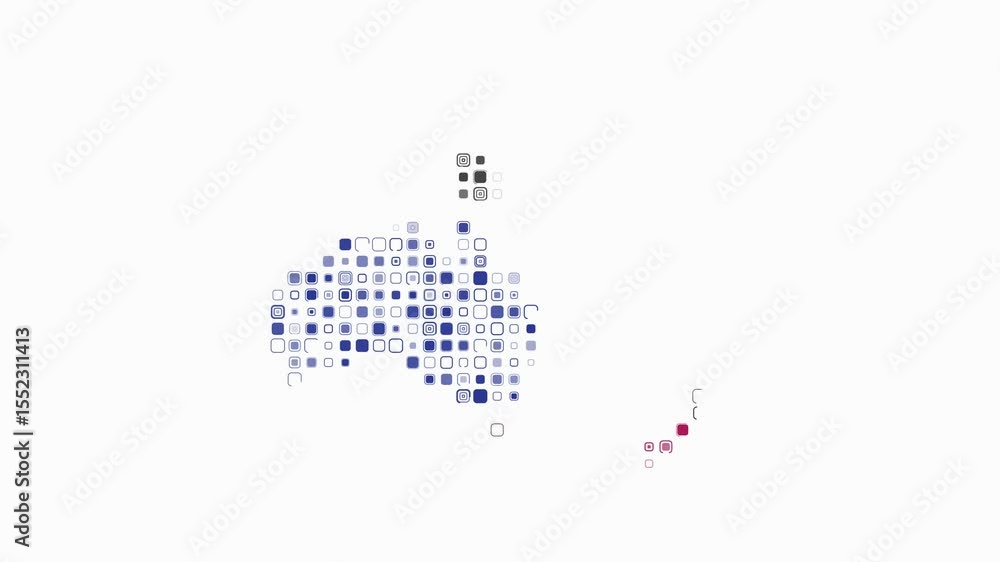 Poster oceania dotted animation. shape of the continent built of pulsating colored dots. large size rounded