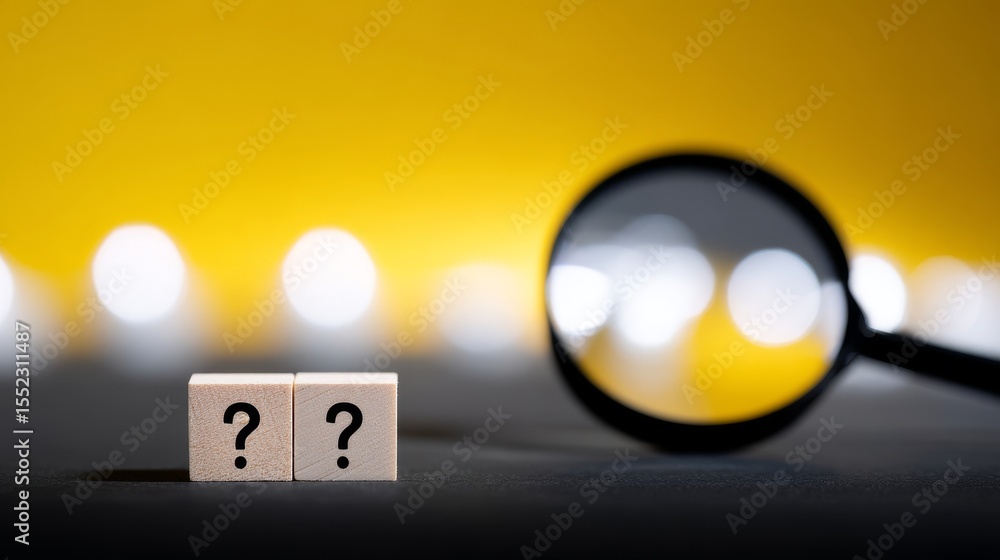 Poster a close-up of question marks on blocks with a magnifying glass in focus. this image symbolizes inves