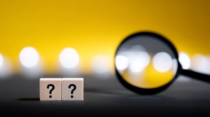 A close-up of question marks on blocks with a magnifying glass in focus. This image symbolizes investigation and curiosity, perfect for educational and informational content. AI