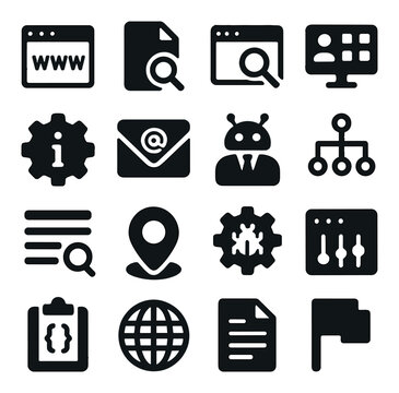 Reconnaissance tools icons in silhouette solid black-filled shapes with clean, simple : domain info scanner, WHOIS lookup file, subdomain finder tool, OSINT search panel, metadata extractor,