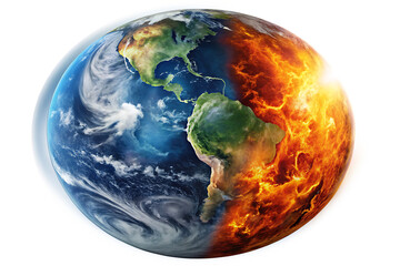 Earth divided into paradise and inferno with swirling clouds and fiery landscape isolated on a transparent background