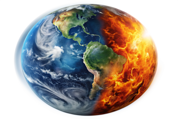 Earth divided into paradise and inferno with swirling clouds and fiery landscape isolated on a transparent background