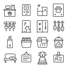 Salon environment icons in minimalistic line art : pet salon front desk, grooming appointment screen, clean tile floor, stylish paw-print wall, collar rack on wall, full-length pet mirror,