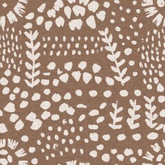 Calm scribble floral minimal shape seamless pattern. Gender neutral baby nursery natural brown linen decor background. Scandi style sketch doodle wallpaper in decorative kid fashion swatch. 