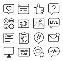 Audience interaction moments icons in minimalistic line art : comment heart icon, viewer poll window, “like and subscribe” hand, question card popup, emoji reaction row, shoutout sticker, fan