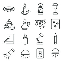 Backup lighting options icons in minimalistic line art : headlamp, candle with holder, lantern with handle, solar-powered lamp, tea light cluster, oil lamp icon, battery-operated string lights,