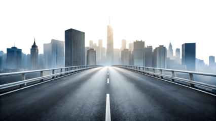 Empty asphalt highway with white lines leading to a hazy cityscape skyline isolated on a transparent background