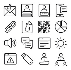 Social engineering tools icons in minimalistic line art : phishing email template, fake login form, spoofed caller ID box, SMS spoof panel, link shortening tool, bait file icon, malicious QR