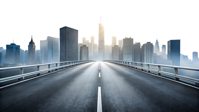 Empty asphalt highway with white lines leading to a hazy cityscape skyline isolated on a transparent background - Powered by Adobe