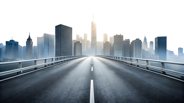 Empty asphalt highway with white lines leading to a hazy cityscape skyline isolated on a transparent background