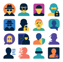 Digital anonymity icons icons in modern flat vector in minimalistic vibrant color design: incognito user icon, masked profile avatar, hidden identity token, encrypted faceplate, private