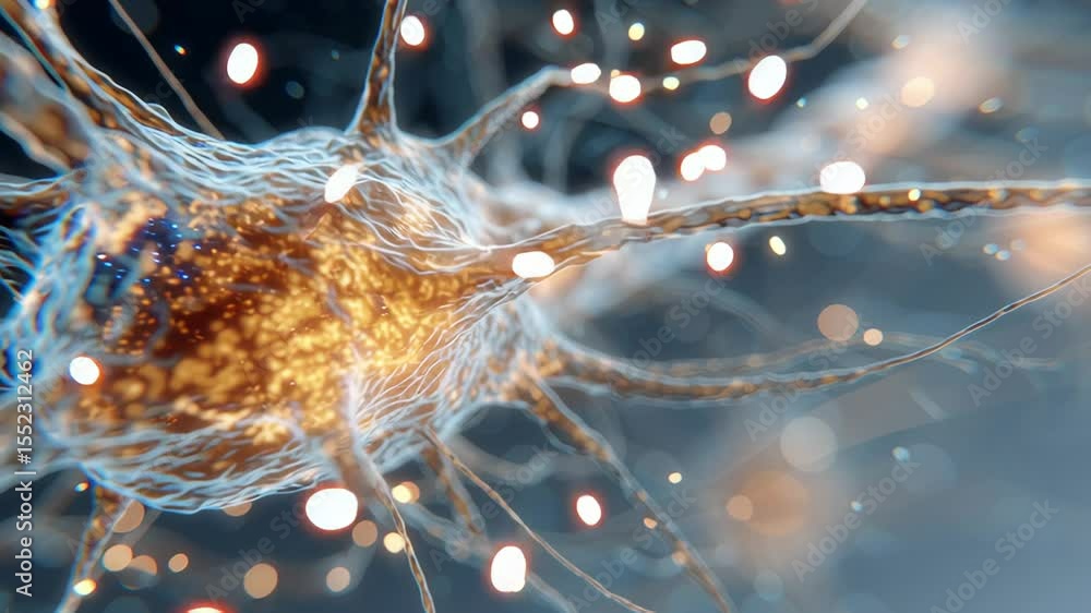Poster complex biological processes are visualized as a neuron fires, sending electrical signals and neurot