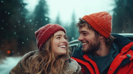 A joyful couple smiling together in a snowy landscape, embracing the winter season and sharing happiness, warmth, and love amidst the cold environment.