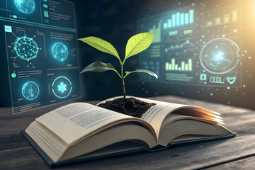 Green plant sprouts from open book with glowing data screens in background. Education and growth in digital world concept.