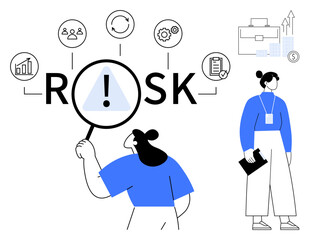 Female character examines risk with a magnifying glass, surrounded by icons thumbs up charts, gears, and documents. Ideal for finance, analysis, business strategy, management, problem-solving