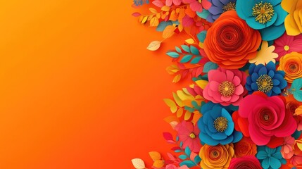 Vibrant floral arrangement of colorful paper flowers and leaves.