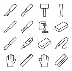 Fototapeta premium Wood carving tools icons in minimalistic line art : carving knife, chisel with wooden handle, mallet, gouge blade, detail knife, V-tool, bench clamp, sharpening stone, wood rasp, rotary tool,