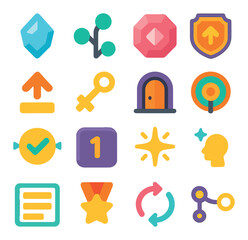 Level progression system icons in modern flat vector in minimalistic vibrant color design: experience point crystal, skill tree branch, progress milestone gem, upgrade badge, stat boost icon,