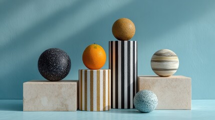 Golden sphere and wooden bowls rest in a desert interior room lit by sunbeams revealing the landscape through an open archway at midday