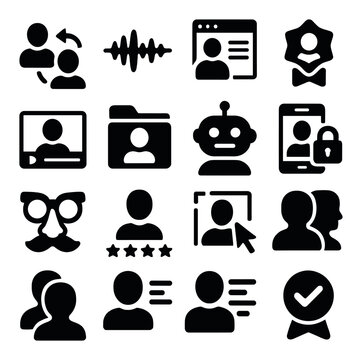 Digital impersonation tools icons in silhouette solid black-filled shapes with clean, simple : face swap icon, voice mimic waveform, fake profile builder, avatar generator, synthetic identity
