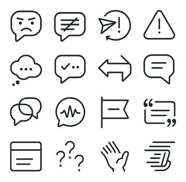 Message misinterpretations icons in minimalistic line art : sarcastic tone symbol, misread text bubble, message resend icon, wrong recipient alert, unclear context cloud, &ldquo;seen&rdquo; with no reply,