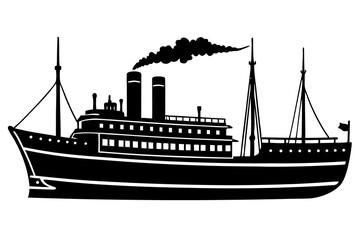 Obraz premium Old Steam Cargo Ship with Smokestack Vector Silhouette