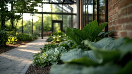 A serene greenhouse pathway is lined with lush, vibrant greenery, inviting visitors to explore nature&rsquo;s beauty and tranquility in a peaceful environment.