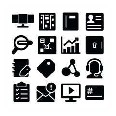 Case investigation dashboard icons in silhouette solid black-filled shapes with clean, simple : multi-screen setup, lead tracking board, case file binder, suspect profile tab, keyword search