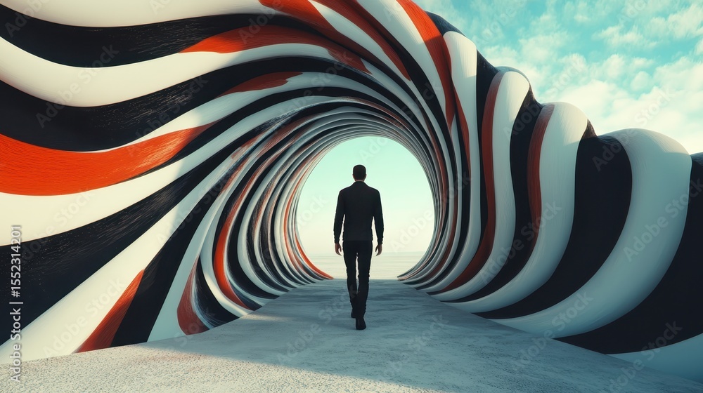 Poster a mesmerizing spiral tunnel features black, white, and red patterns, inviting viewers to explore its