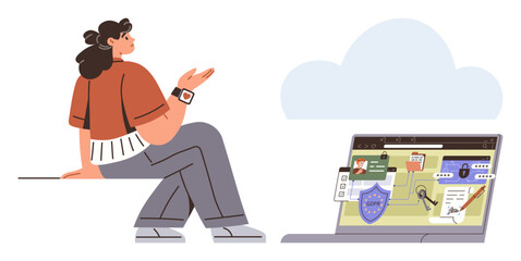 Woman gesturing near a laptop showing cybersecurity tools thumbs up shield badge, lock, and authentication icons. Ideal for technology, online safety, cybersecurity, education, awareness, teamwork