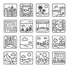 Virtual environment previews icons in minimalistic line art : cityscape background layer, space station render, tropical island scene, medieval castle wall, futuristic interface overlay,