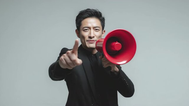 拡声器と指差しで訴える日本人男性