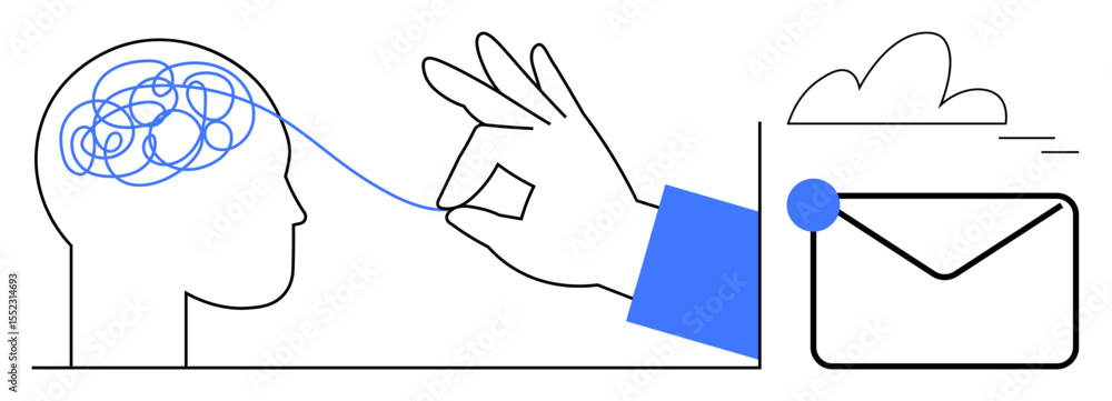 Poster hand untangling chaotic brain lines and guiding them into an envelope with a cloud backdrop. ideal f