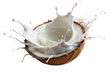 Dynamic white milk splash erupting from a halved coconut with droplets isolated on a transparent background