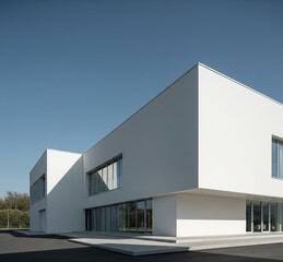 Contemporary minimalist building exterior with clean lines, white fa&ccedil;ade, and large glass windows under a clear blue sky