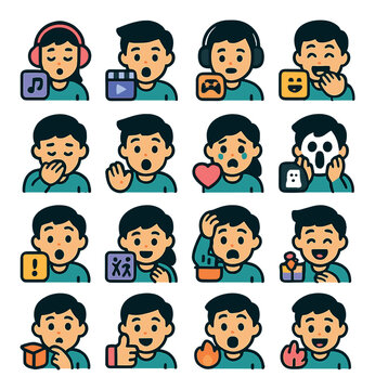 Types of content reactions icons in modern flat vector in minimalistic vibrant color design: reacting to music video, reacting to movie scene, reacting to game clip, reacting to meme