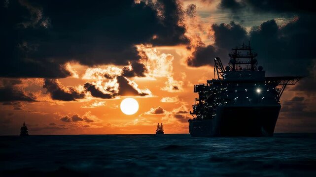 The sun sets on the horizon casting warm hues across the sky as the silhouette of an offshore supply vessel is seen alongside the oil rig with its bright deck lights illuminating the