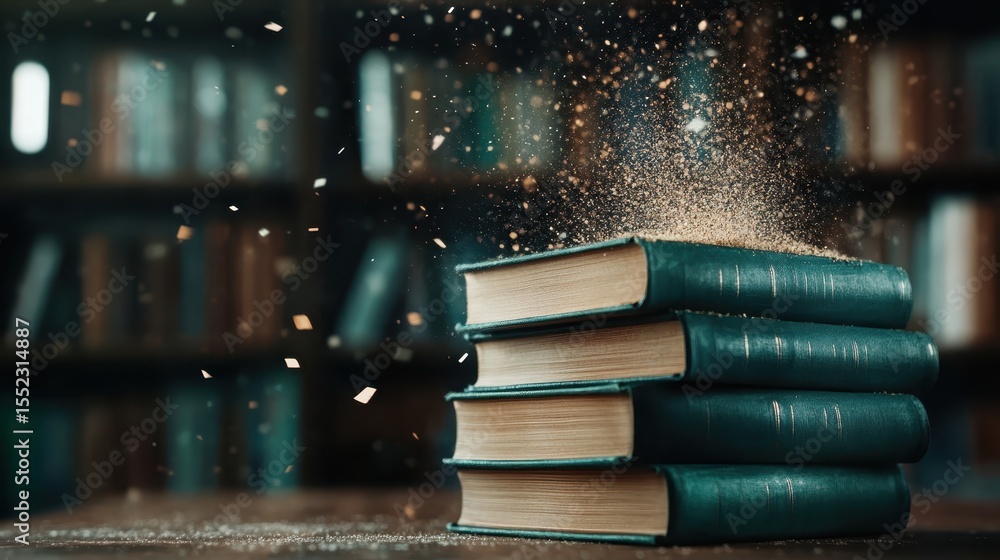 Poster a stack of vintage books radiating with magical dust and sparkling particles symbolizes the power of