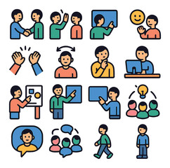 Avatar interactions icons in modern flat vector in minimalistic vibrant color design: avatar handshake, high-five animation, shared screen gesture, emoji expression wave, applause icon, nodding