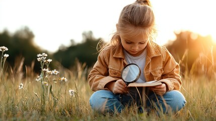 A young girl sitting in a field, using a magnifying glass to explore a book, embodying curiosity and the joy of learning from nature in a peaceful outdoor setting.