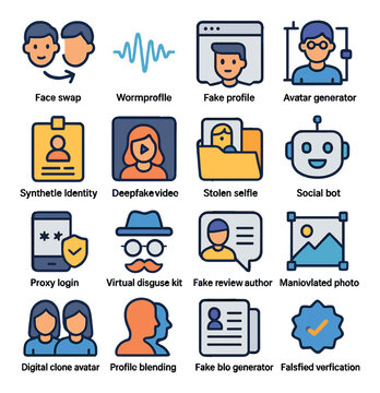 Digital impersonation tools icons in modern flat vector in minimalistic vibrant color design: face swap icon, voice mimic waveform, fake profile builder, avatar generator, synthetic identity
