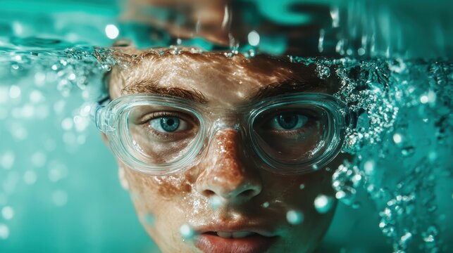 A close-up of a young swimmer wearing goggles underwater reveals an intense focus, capturing the essence of dedication and determination in sports.