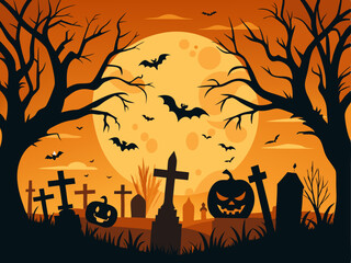 Haunted graveyard with eerie jack o lantern tall grass bats and bare silhouetted trees