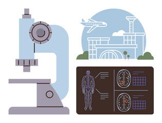Microscope next to medical and neuroscience data charts, airport illustration in background with airplane. Ideal for healthcare, innovation, travel, diagnostics, technology, global research