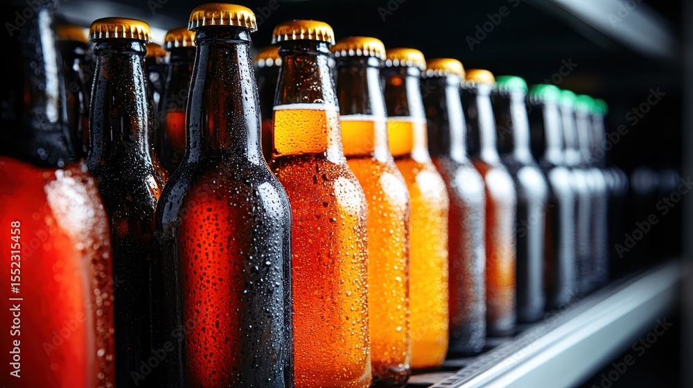 Poster an enticing display of cold, refreshing beer bottles on a store shelf, showcasing a range of drinks 