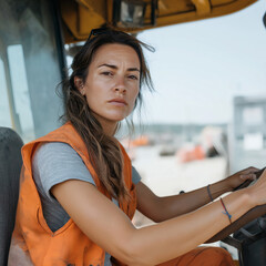 Determined Female Construction Worker Operating Heavy Machinery